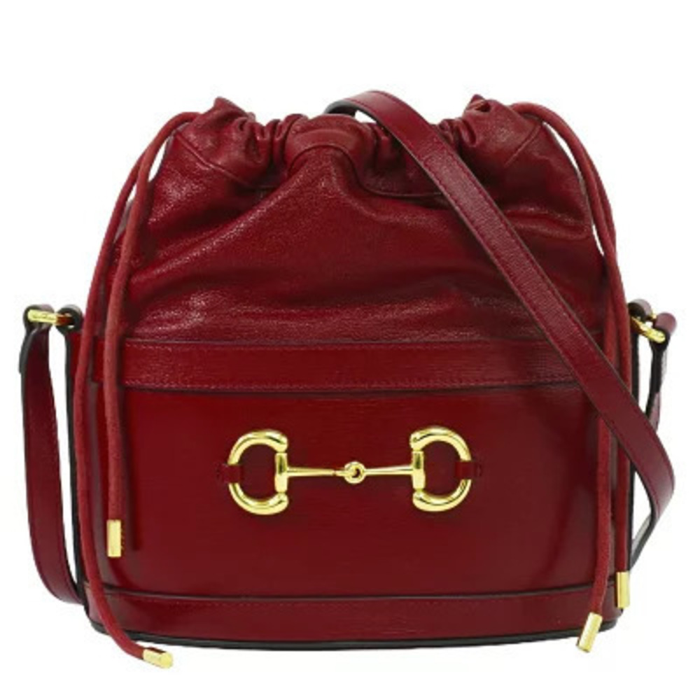 Gucci Horsebit Drawstring Leather Shoulder Bag Red